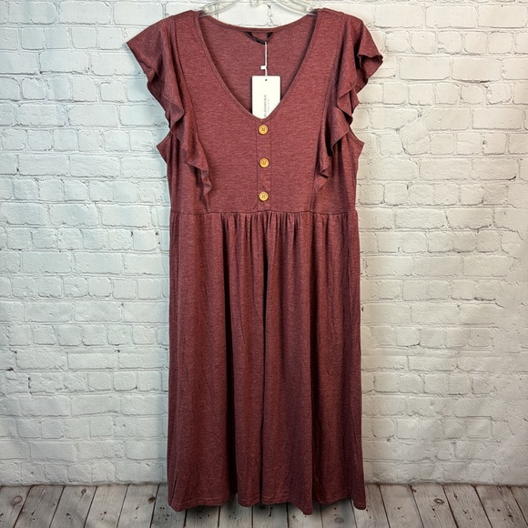 BloomChic Red Heather Flutter Trim Button Detail Gathered Dress Size Medium - Picture 2 of 6